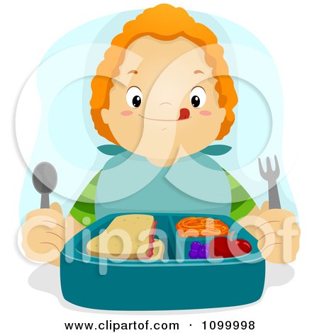 Clipart Hungry Red Haired Boy Licking His Lips Over His Lunch - Royalty Free Vector Illustration by BNP Design Studio