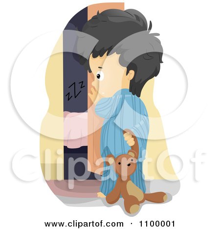Clipart Scared Boy Sneaking Into His Parents Room With His Teddy Bear - Royalty Free Vector Illustration by BNP Design Studio