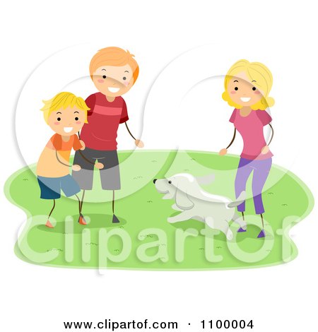 Clipart Happy Family Playing With Their Dog In A Park - Royalty Free Vector Illustration by BNP Design Studio