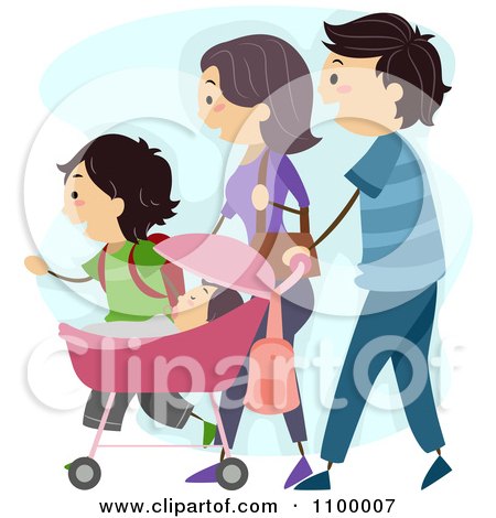 Clipart Happy Family Strolling Together With Their Baby Pram - Royalty Free Vector Illustration by BNP Design Studio