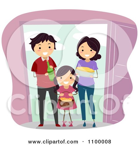 Clipart Happy Family Bringing Food And Beverage To Welcome New Neighbors - Royalty Free Vector Illustration by BNP Design Studio