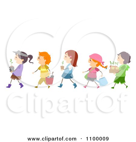 Clipart Line Of Diverse Children Gardening - Royalty Free Vector Illustration by BNP Design Studio