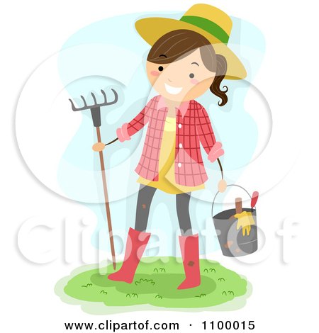 Clipart Happy Farmer Girl Carrying Garden Tools And A Rake - Royalty Free Vector Illustration by BNP Design Studio
