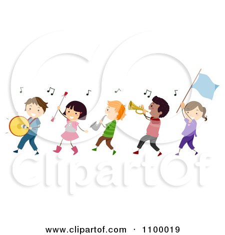 Clipart Line Of Diverse Marching Band Children - Royalty Free Vector Illustration by BNP Design Studio