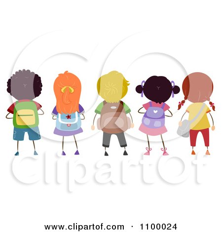Clipart Rear View Of A Row Of Diverse School Children With Backpacks - Royalty Free Vector Illustration by BNP Design Studio