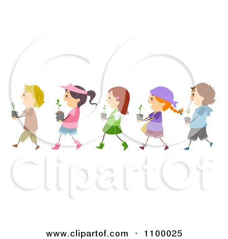 Clipart Line Of Diverse Children Carrying Seedling Plants - Royalty Free Vector Illustration by BNP Design Studio