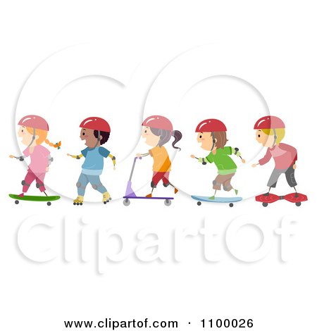 Clipart Line Of Diverse Roller Blading Scooter And Skateboarding Children - Royalty Free Vector Illustration by BNP Design Studio