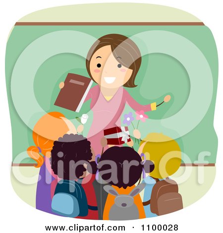 Clipart Friendly Female Teacher Being Greeting With Gifts From Students - Royalty Free Vector Illustration by BNP Design Studio