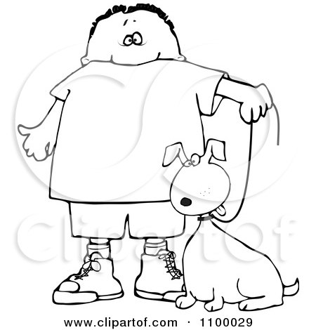 Clipart Outlined Boy Walking His Dog On A Leash - Royalty Free Vector Illustration by djart