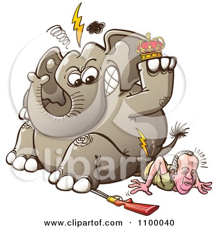 Clipart King Juan Carlos Of Spain Breaking His Hip As An Angry Hunted Elephant Sits On Him - Royalty Free Vector Illustration by Zooco