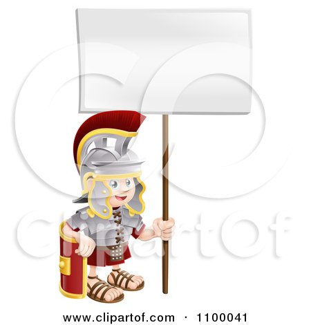 Clipart Happy Boy Roman Soldier With A Sign - Royalty Free Vector Illustration by AtStockIllustration