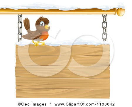 Clipart Happy Robin Perched On A Winter Sign With Snow - Royalty Free Vector Illustration by AtStockIllustration