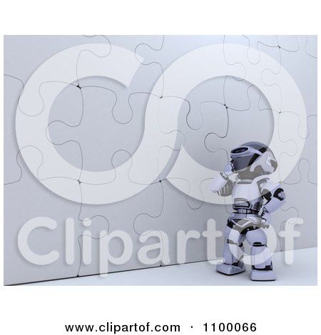 Clipart 3d Robot Pondering At A Puzzle Wall - Royalty Free CGI Illustration by KJ Pargeter