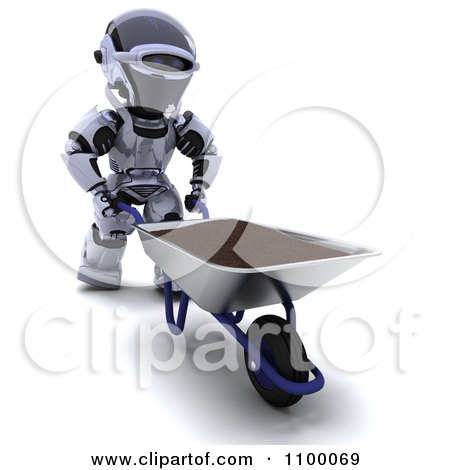 Clipart 3d Robot Pushing Top Soil In A Wheelbarrow - Royalty Free CGI Illustration by KJ Pargeter