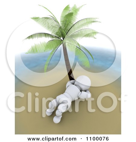 Clipart Relaxed 3d White Character Reclined And Relaxing Under A Palm Tree On A Tropical Island - Royalty Free CGI Illustration by KJ Pargeter