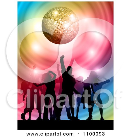 Clipart Silhouetted Dancers On The Floor Under A Sparkly Disco Ball With Colorful Swirls - Royalty Free Vector Illustration by KJ Pargeter