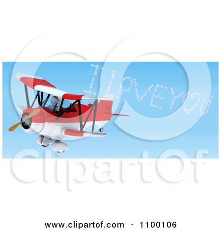 Clipart 3d White Character Flying A Red Biplane And Creating A I Love You In The Sky - Royalty Free CGI Illustration by KJ Pargeter