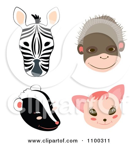 Clipart Zebra Monkey Skunk And Cat Faces - Royalty Free Vector Illustration by Cherie Reve