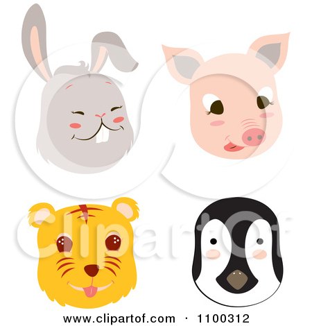 Clipart Rabbit Pig Tiger And Penguin Faces - Royalty Free Vector Illustration by Cherie Reve
