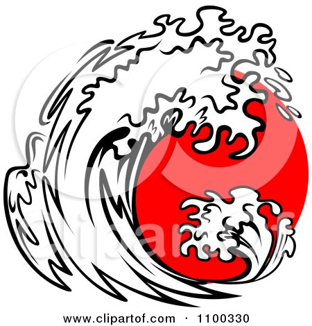 Clipart Black And White Splashing Wave And Red Sun - Royalty Free Vector Illustration by Vector Tradition SM