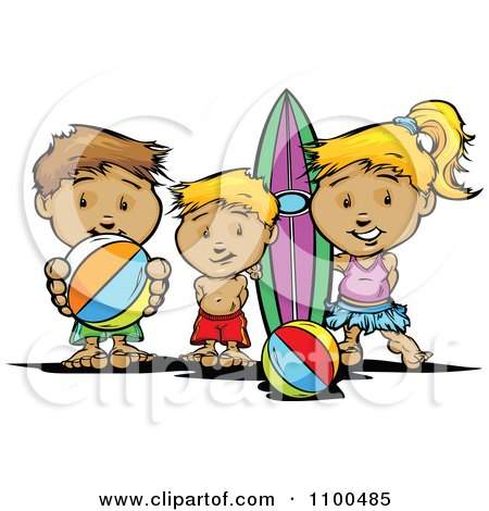 Clipart Surfer Girl And Boys With A Board And Beach Balls - Royalty Free Vector Illustration by Chromaco