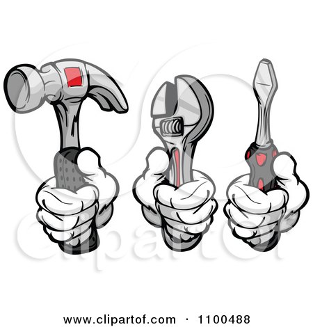 Clipart Gloved Hands Holding A Hammer Wrench And Screwdriver - Royalty Free Vector Illustration by Chromaco