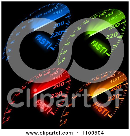 Clipart Blue Green Red And Orange Fast Car Speedometers Illuminated On A Dash Board - Royalty Free Vector Illustration by dero
