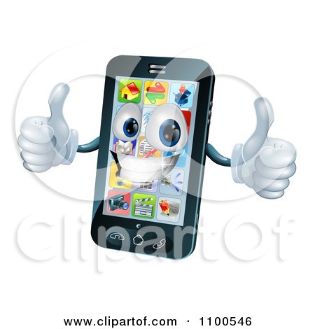 Clipart 3d Happy Cell Phone Character Holding Two Thumbs Up - Royalty Free Vector Illustration by AtStockIllustration