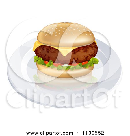 Clipart 3d Thick Beef Meat Patty Cheeseburger On A Plate - Royalty Free Vector Illustration by AtStockIllustration