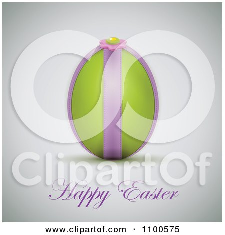 Clipart 3d Green Egg With A Flower Purple Ribbon And Happy Easter Text On Gray - Royalty Free Vector Illustration by Eugene