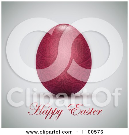 Clipart 3d Pink Paisley Egg With A Flower Purple Ribbon And Happy Easter Text On Gray - Royalty Free Vector Illustration by Eugene