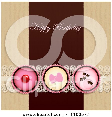 Clipart Happy Birthday Greeting Over Cupcakes With Lace On Brown And Beige - Royalty Free Vector Illustration by Eugene