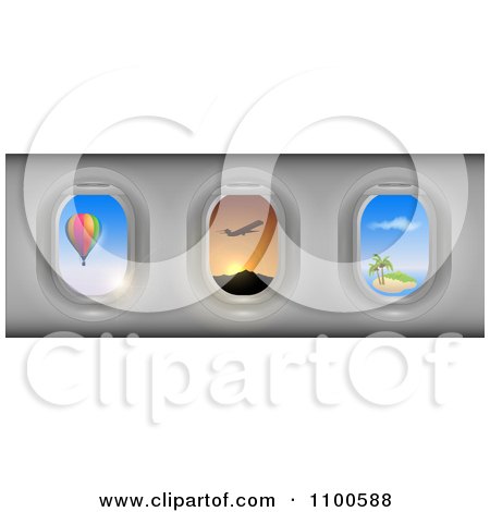 Clipart Airplane Windows With A View Of Take Off A Tropical Island And Hot Air Balloon - Royalty Free Vector Illustration by Eugene