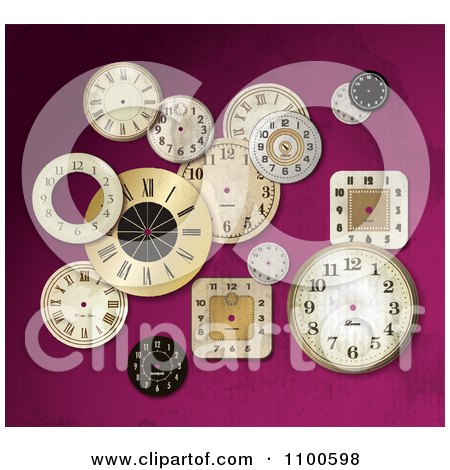 Clipart Scattered Clock Faces Over Pink - Royalty Free Vector Illustration by Eugene