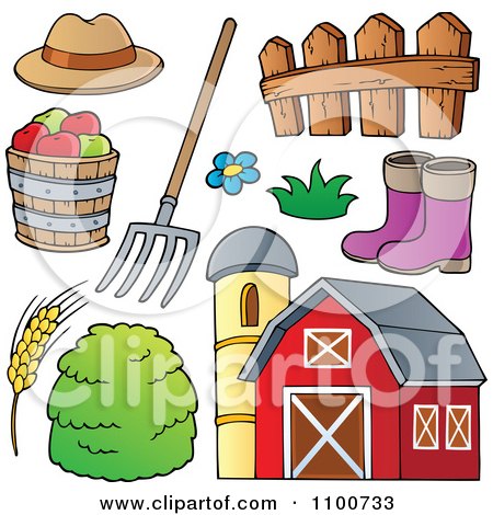 Clipart Farmer Hat Pitchfork Fence Rubber Boots Apples Wheat Hay And Barn - Royalty Free Vector Illustration by visekart