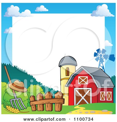 Clipart Frame Of A Red Barn With A Silo And Windmill And White Copyspace - Royalty Free Vector Illustration by visekart
