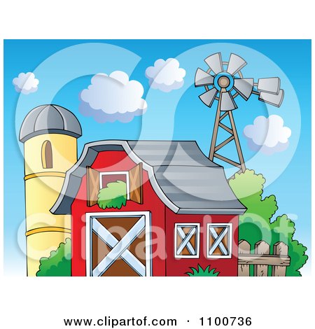 Clipart Red Barn With Hay In The Loft A Silo And Windmill - Royalty Free Vector Illustration by visekart