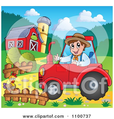 Clipart Happy Farmer Driving A Red Tractor By A Barn - Royalty Free Vector Illustration by visekart