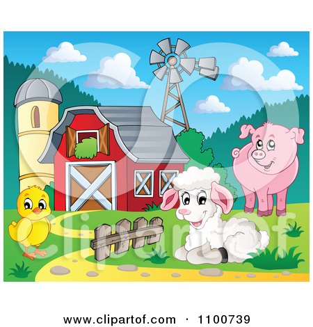 Clipart Sheep Chicken Pig By A Red Barn Silo And Windmill - Royalty Free Vector Illustration by visekart