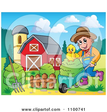 Clipart Happy Farmer Pushing A Chick On Fresh Hay In A Wheel Barrow - Royalty Free Vector Illustration by visekart