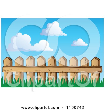 Clipart Wooden Picket Fence With Grass Against A Blue Sky With Clouds - Royalty Free Vector Illustration by visekart
