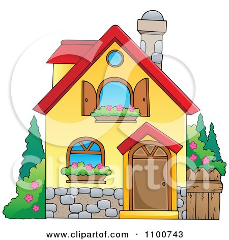 Clipart Yellow House With Shutters And A Window Planter - Royalty Free Vector Illustration by visekart