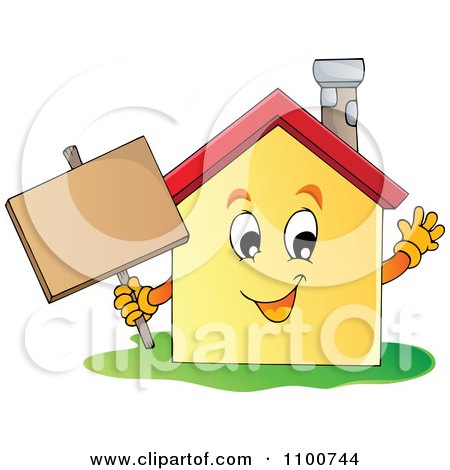 Clipart Happy House Holding A Sign - Royalty Free Vector Illustration by visekart
