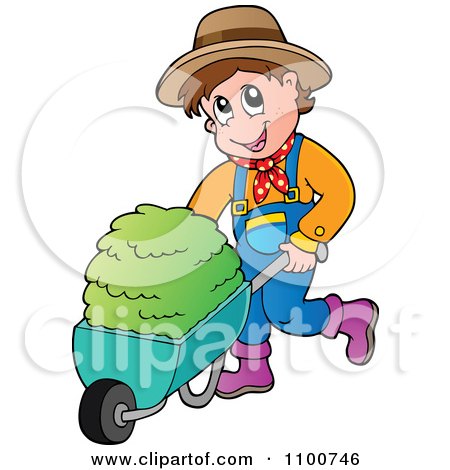 Clipart Happy Farmer Pushing Fresh Hay In A Wheel Barrow - Royalty Free Vector Illustration by visekart