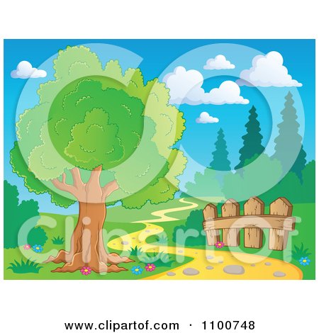 Clipart Tree And Wood Fence Beside A Nature Path - Royalty Free Vector Illustration by visekart