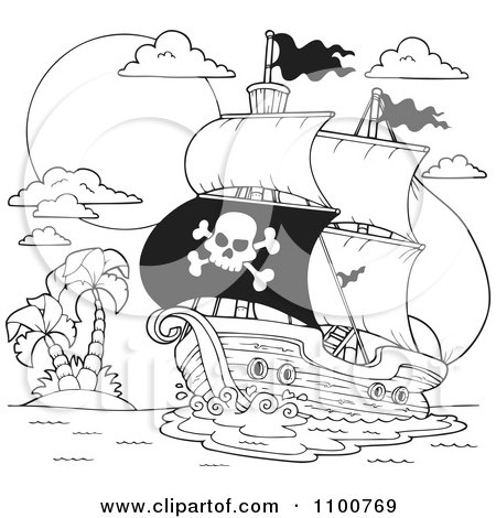 Clipart Outlined Pirate Ship Nearing A Tropical Island - Royalty Free Vector Illustration by visekart
