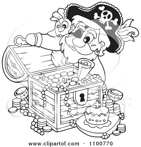 Clipart Outlined Pirate Inspecting A Treasure Chest Full Of Booty - Royalty Free Vector Illustration by visekart