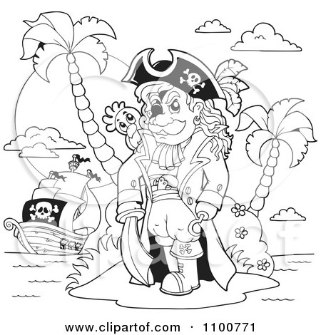Clipart Outlined Pirate Standing On An Island - Royalty Free Vector Illustration by visekart