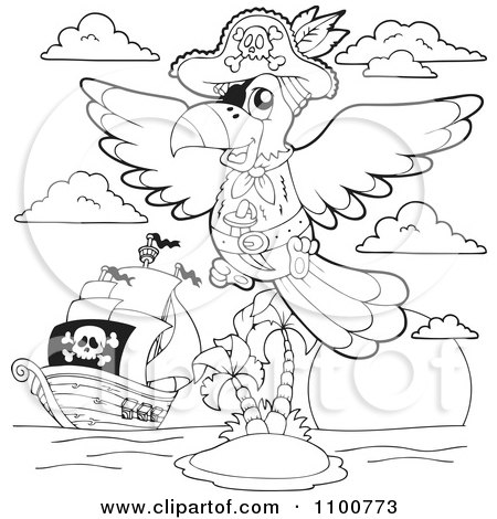 Clipart Outlined Parrot Pirate And Ship By An Island - Royalty Free Vector Illustration by visekart