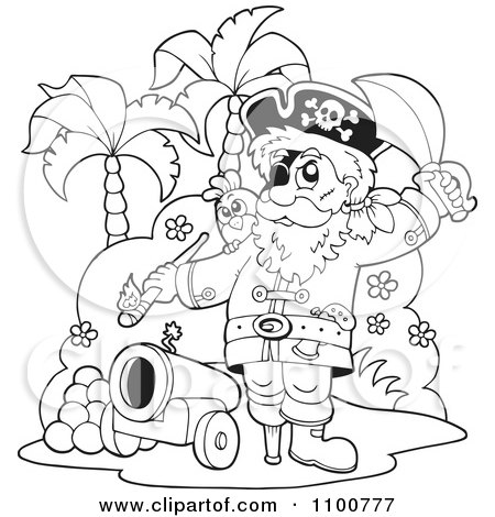 Clipart Outlined Pirate On An Island With A Cannon - Royalty Free Vector Illustration by visekart